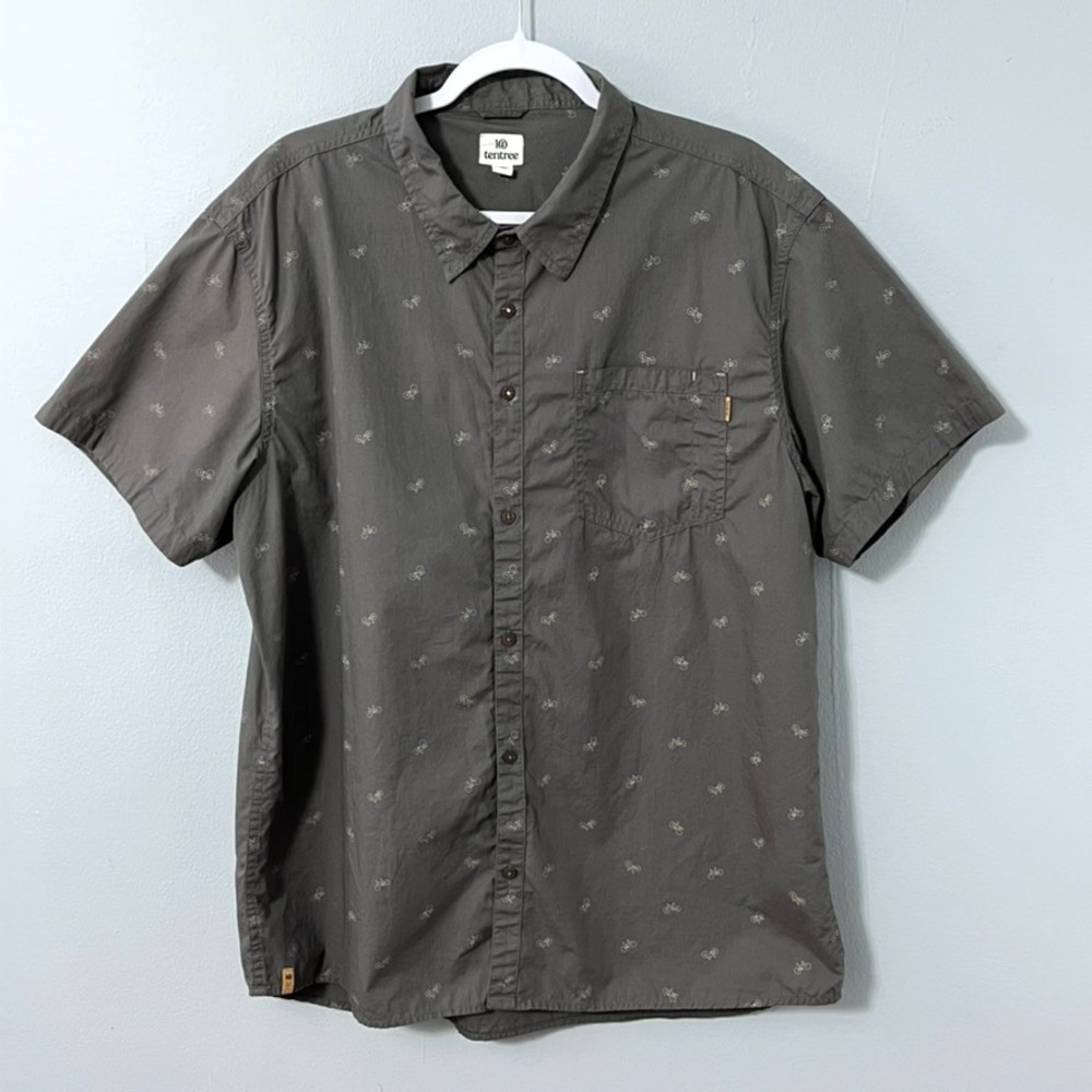 Tentree Short‎ Sleeve Shirt Men XXL Taupe Gray Bike Around AOP Organic Cotton